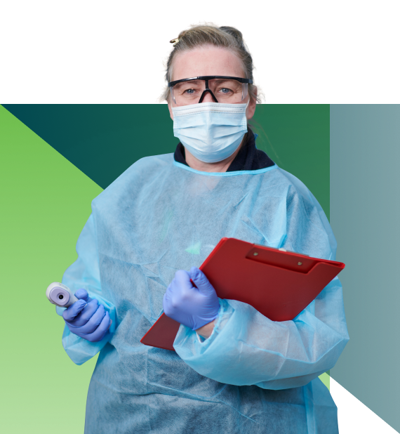 nurse in scrubs and facemask with temperature checker and clipboard