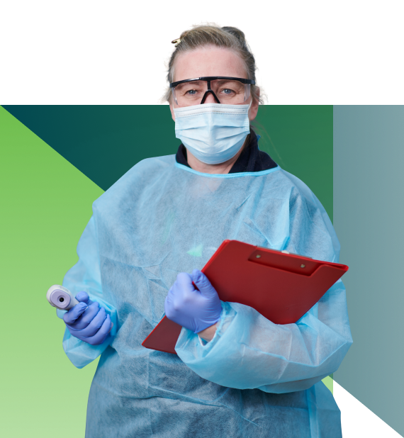 nurse with clipboard and temperature gun